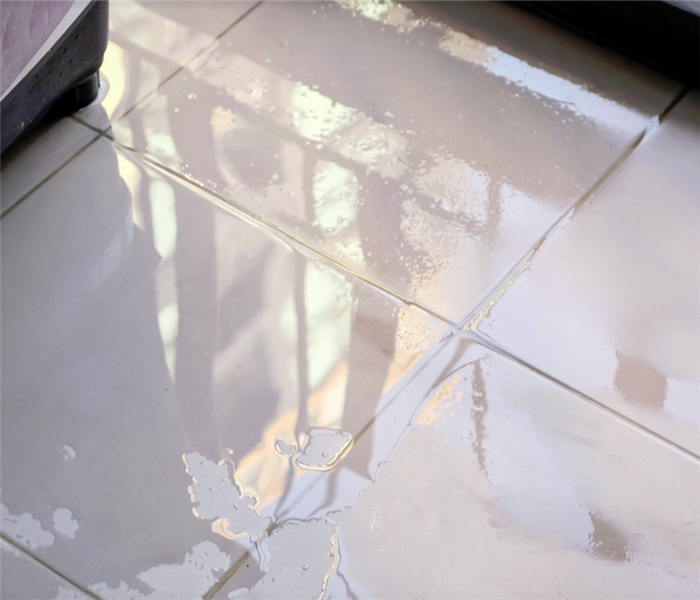 a puddle of water on the tile floor of a room