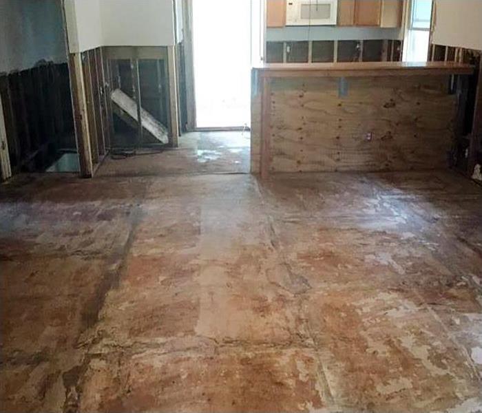 Room with Subfloor exposed and drywall removed from the bottom half of the wall