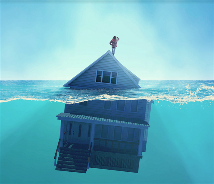 a woman standing on a house floating through water