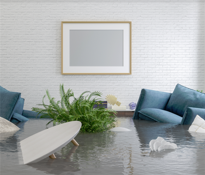 a flooded living room with furniture floating everywhere